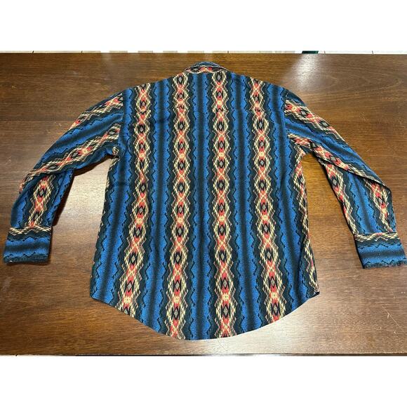VTG Wrangler Pearl Snap Western Cowboy Shirt Long Sleeve Aztec Blue Mens Large - Picture 3 of 9